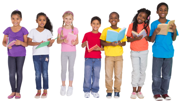 Digital png photo of back of happy diverse schoolchildren with books on transparent background
