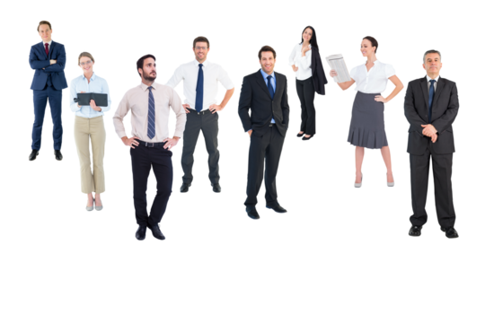 Digital png photo of back of diverse business people standing on transparent background