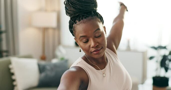 Yoga, arms or black woman stretching in home or house studio for wellness, peace or balance. Calm, flexible or zen African person in pilates pose for energy training, breath or holistic exercise