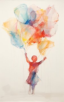 The ethereal blend of watercolor captures the imagination, spotlighting a girl gracefully holding balloons, detailed in pencil strokes.