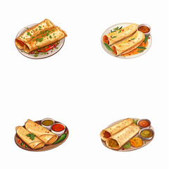 set of happy cute masala dosa watercolor illustrations for printing on baby clothes, pattern, sticker, postcards, print, fabric, and books