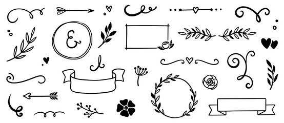 Flower frame, vintage ribbon doodle element. Hand drawn doodle cute floral border, arrow, banner ribbon set. Wedding swirl element, floral frame, flower decorative element. Vector illustration