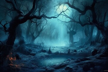 Eerie night landscape of a haunted forest with a fantasy Halloween vibe, depicted in digital art. Generative AI