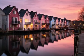 A row of houses by a water body at night with a pink sky, and buildings across the street. Generative AI