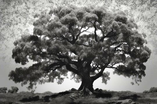 A monochrome picture of a tree. Digitized image. Generative AI