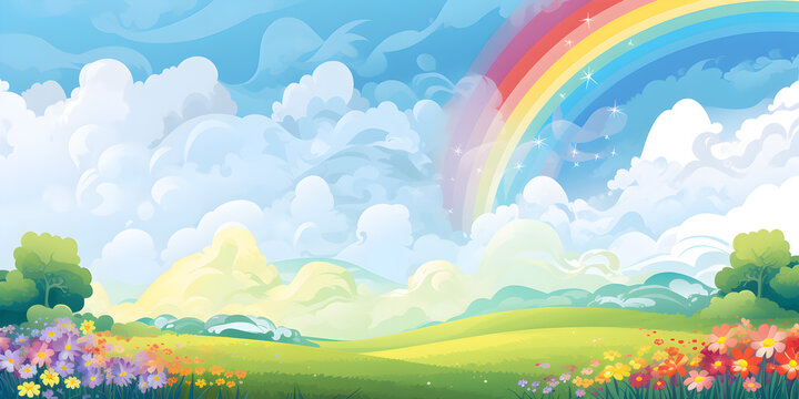 Nature landscape with rainbow illustration background