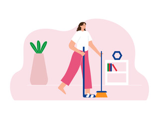 Woman cleaning house with broom. Home activity vector illustration.