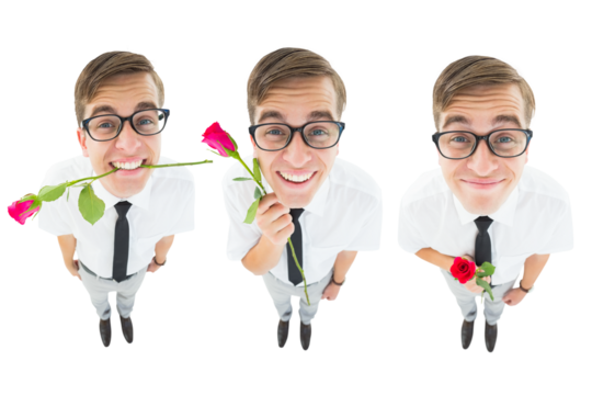 Digital png photo of caucasian man with red rose on transparent background