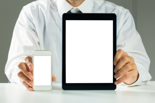 Digital png photo of midsection of caucasian man with electronic devices on transparent background