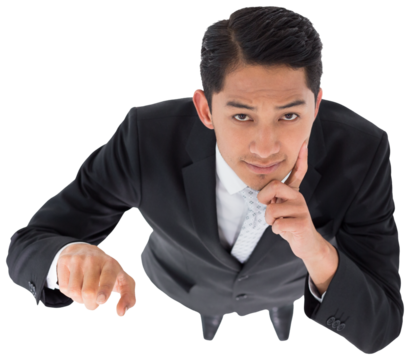 Digital png photo of biracial businessman pointing on transparent background