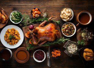 roasted turkey with vegetables and herbs is a traditional dish for thanksgiving or Christmas day. AI generative - obrazy, fototapety, plakaty