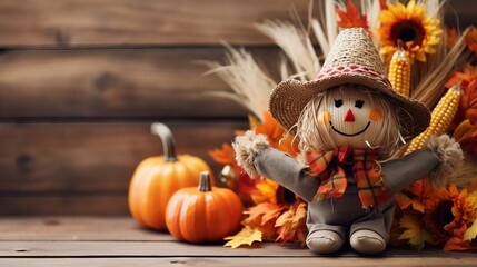 Cute scarecrow with pumpkins and autumn leaves on wooden background. generative ai 