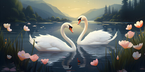 A couple swan in the lake romantic illustration background - obrazy, fototapety, plakaty