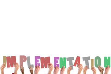 Digital png illustration of hands with implementation text on transparent background