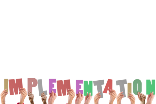 Digital png illustration of hands with implementation text on transparent background - Powered by Adobe