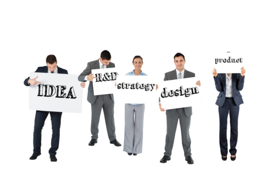 Digital png photo of diverse group of business people with texts on sheets on transparent background - Powered by Adobe
