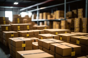 Warehouse with rows of boxes. Shallow depth of field