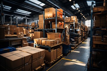 Warehouse with rows of boxes. Shallow depth of field