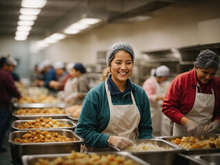 volunteers working handing out food on thanksgiving day - obrazy, fototapety, plakaty