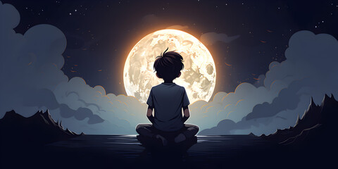 A sad kid sitting under the moon