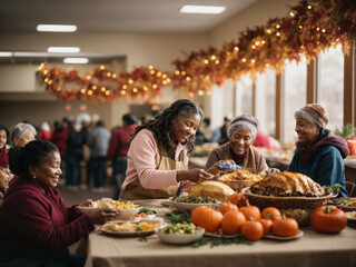 volunteers working handing out food on thanksgiving day
