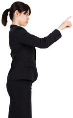 Digital png photo of asian businesswoman pointing on transparent background