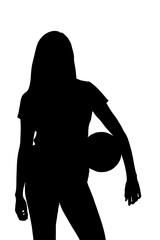 Digital png illustration of silhouette of sportswoman with ball on transparent background