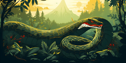 Big snake in the jungle illustration background - obrazy, fototapety, plakaty