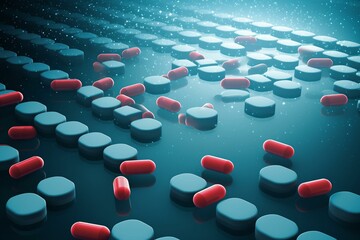 Illustration of pills sign over floating covid-19 cells. Generative AI