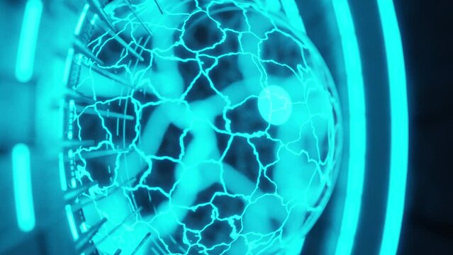 Closeup of a Pulsating blue globe in a futuristic environment