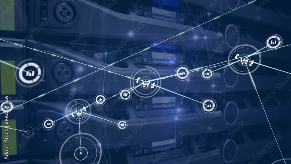 Poster animation of network of connections with icons over computer servers