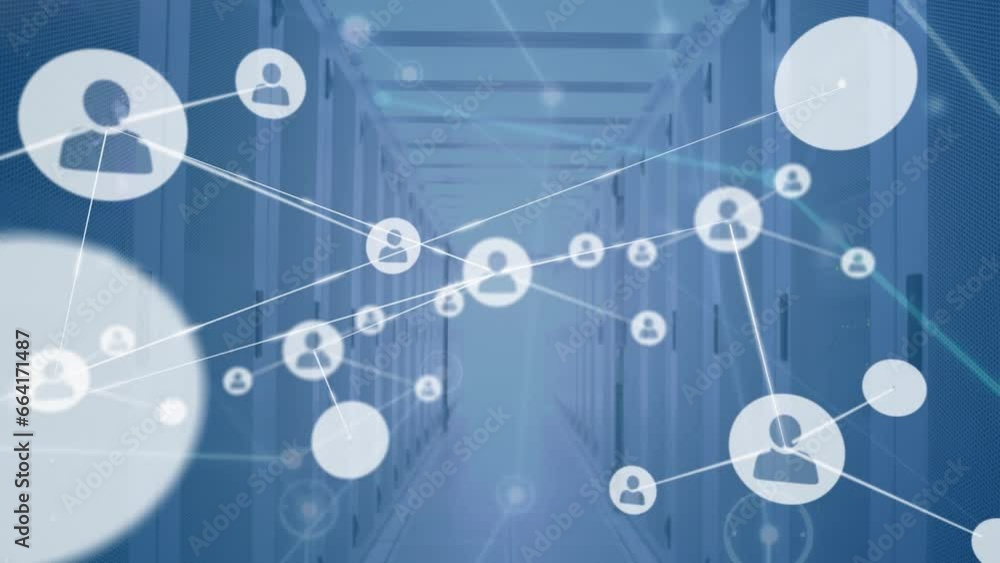 Poster animation of network of connections with icons over computer servers