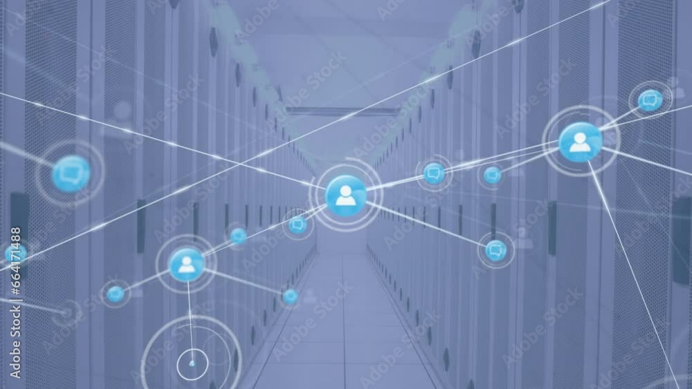 Poster animation of network of connections with icons over computer servers