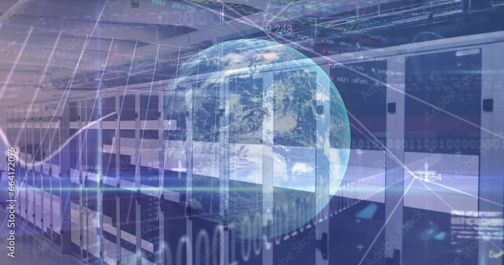 Poster animation of globe and data processing over computer servers