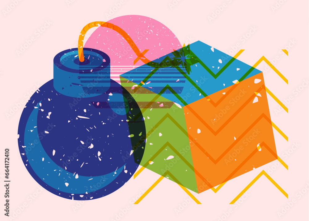 Poster risograph bomb with geometric shapes. object in trendy riso graph design. geometry elements abstract