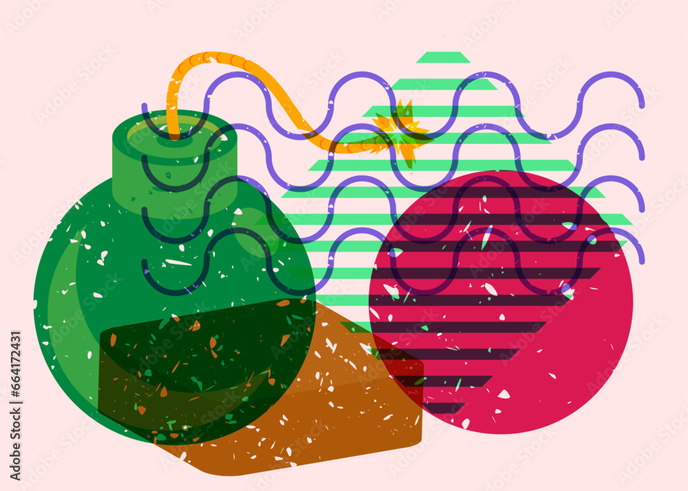 Poster risograph bomb with geometric shapes. object in trendy riso graph design. geometry elements abstract