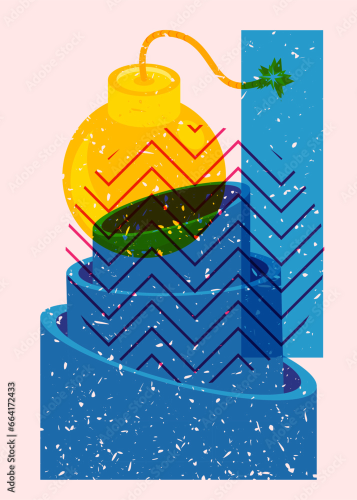 Poster risograph bomb with geometric shapes. object in trendy riso graph design. geometry elements abstract