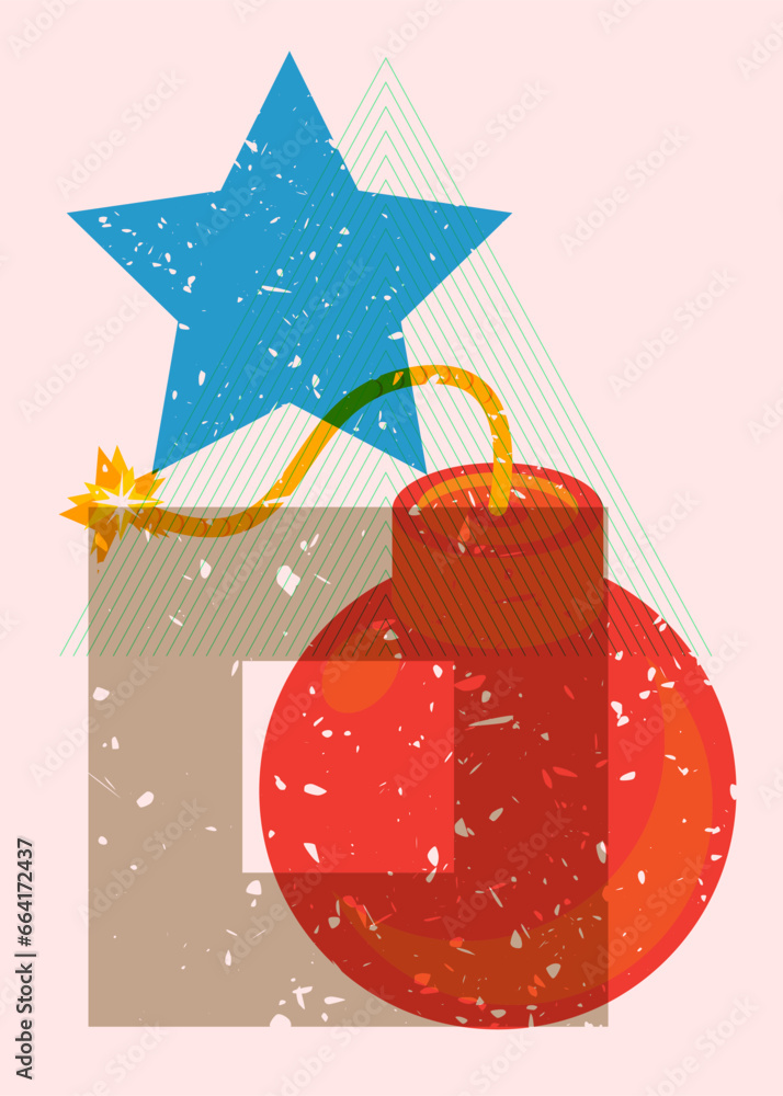 Poster risograph bomb with geometric shapes. object in trendy riso graph design. geometry elements abstract