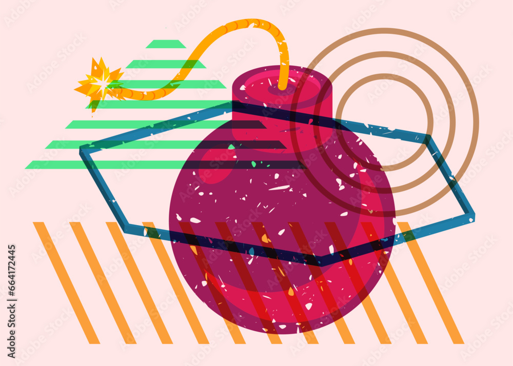 Poster risograph bomb with geometric shapes. object in trendy riso graph design. geometry elements abstract