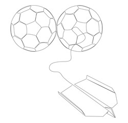 Obraz premium One continuous line of Paper Airplane with football ball. Thin Line Illustration vector concept. Contour Drawing Creative ideas.