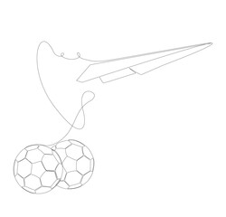 One continuous line of Paper Airplane with football ball. Thin Line Illustration vector concept. Contour Drawing Creative ideas.