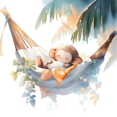 Obraz na płótnie Canvas A sleepy baby monkey in a hammock. watercolor illustration.
