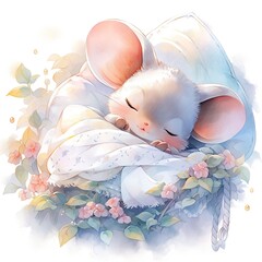 A sleepy baby mouse in a bedding, watercolor illustration.