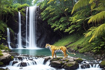 waterfall in the jungle, tiger in the jungle, waterfall landscape, waterfall wallpaper, jungle wallpaper