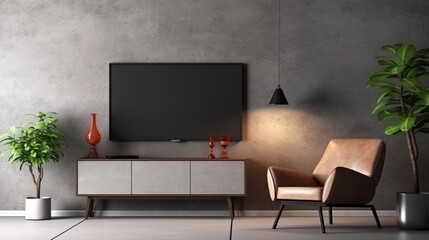 Cabinet TV in modern living room with armchair,lamp,table,flower and plant on concrete wall background,3d rendering