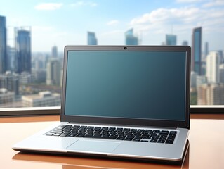 A modern laptop is placed on a wooden surface next to a window that overlooks a cityscape. The laptop's screen is turned on, displaying a blank teal-blue screen, mockup
