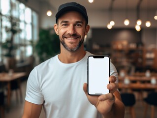 A man with a beard, wearing a white t-shirt and a cap, stands in a well-lit indoor space. He is displaying a smartphone with a blank screen towards the viewer, mockup