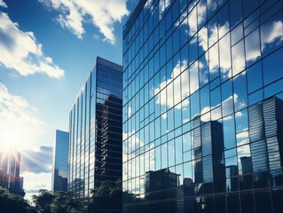 A modern cityscape featuring tall glass buildings reflecting the sky and clouds.
