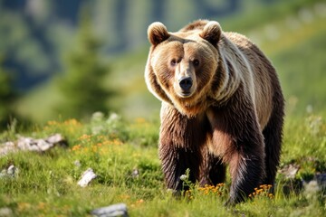 Brown bear moving on the green meadow in springtime nature.