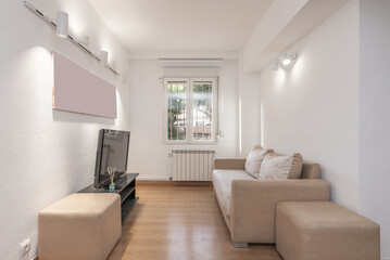 Fototapeta na wymiar Sparsely furnished apartment with sofas that need to be upholstered next to a barred window